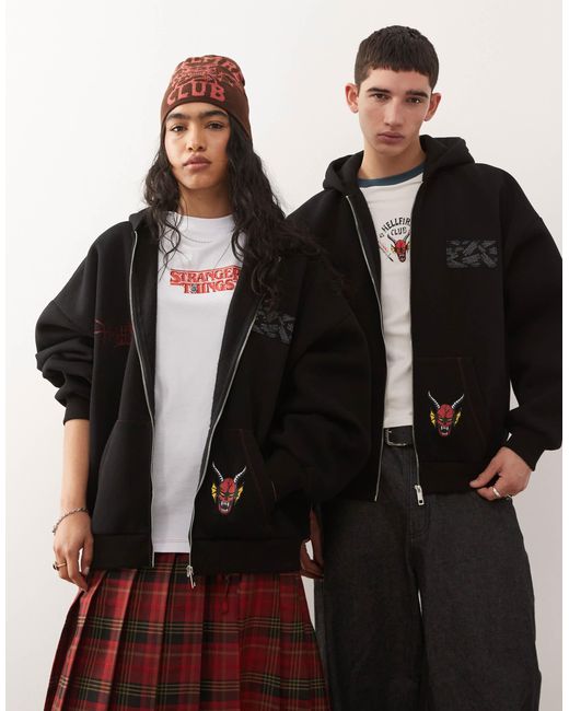Reclaimed (vintage) Black X Stranger Things Unisex Heavyweight Boxy Hoodie With Badges