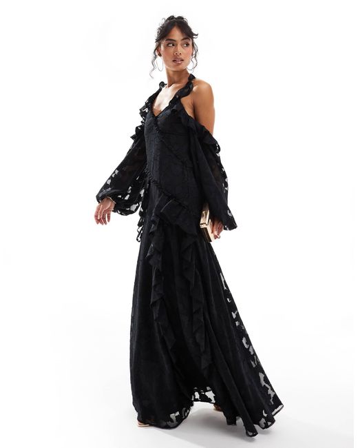 cold shoulder ruffle detail maxi dress Navy Warehouse Chiffon Cold Shoulder Ruffle Detail Maxi Dress