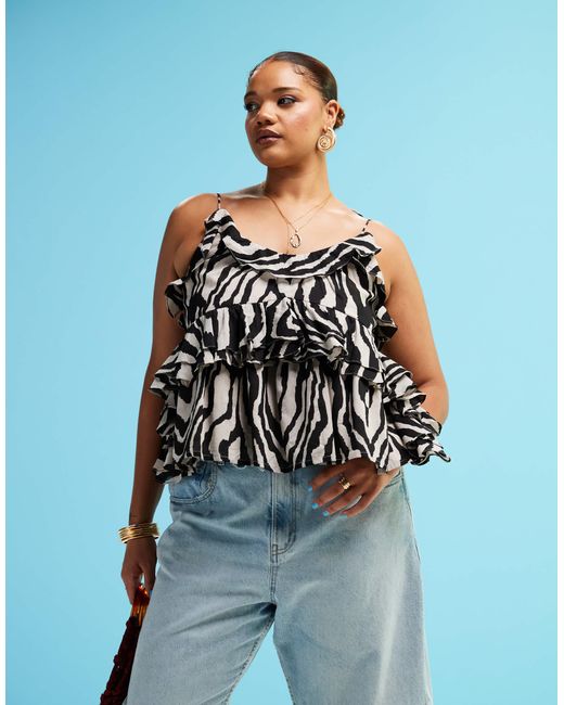 ASOS Blue Asos design curve – camisole-oberteil mit zebramuster, rüschen und gebundenen trägern