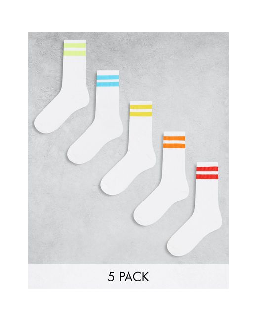 Jack & Jones White 5 Pack Tennis Socks With Multi Stripe for men