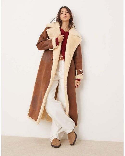 Miss Selfridge Natural Borg Contrast Belted Maxi Wrap Coat