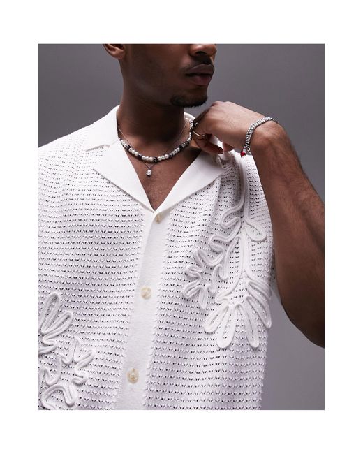 Topman White Knitted Applique Revere Button Through Polo for men