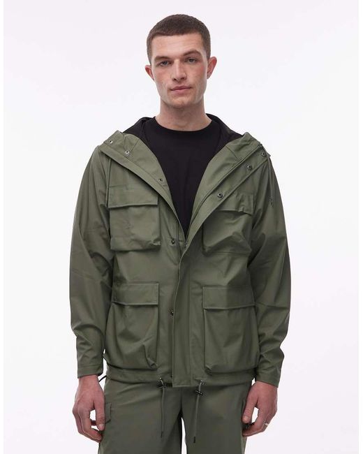 Rains Green 12210 Pocket Waterproof Cargo Hooded Jacket for men