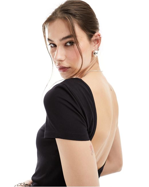Monki Black Top With Short Sleeves And Low Back