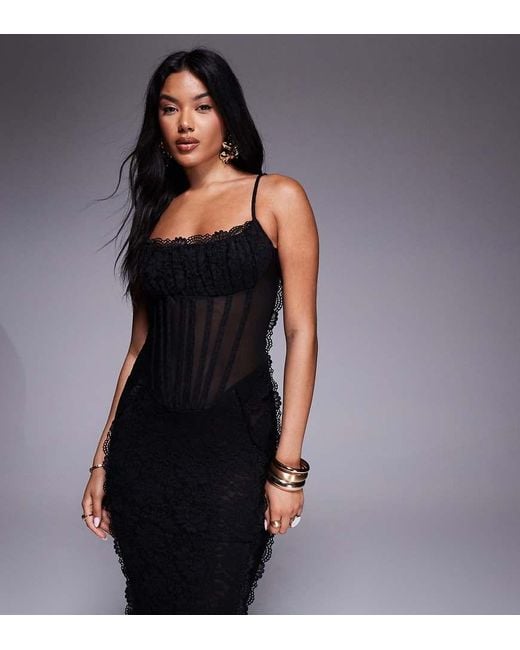 Murci Black Exclusive Lace Corset Detail Cami Maxi Dress
