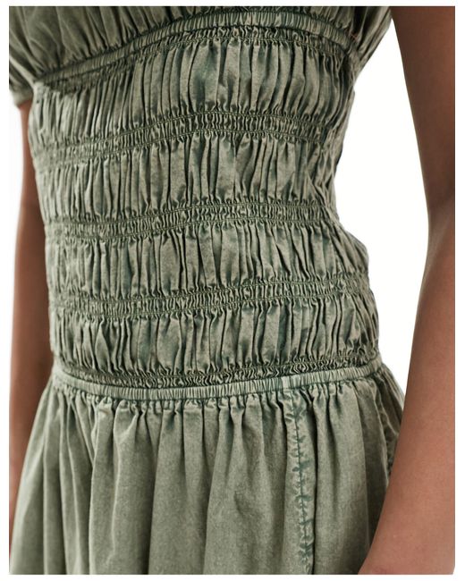 Vestido largo caqui lavado con cintura fruncida Reclaimed (vintage) de color Green