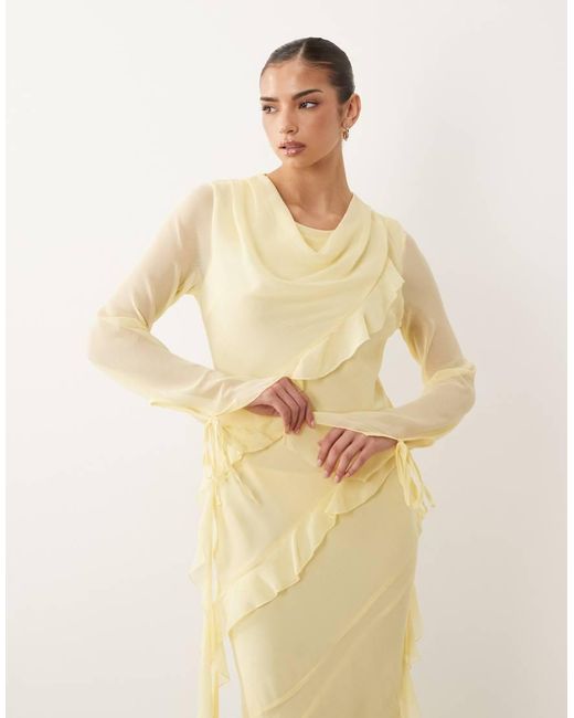 DASKA Natural Chiffon High Cowl Neck Frill Detail Maxi Dress