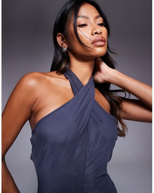 ASOS Blue Twisted Halter Maxi Dress With Sheer Skirt