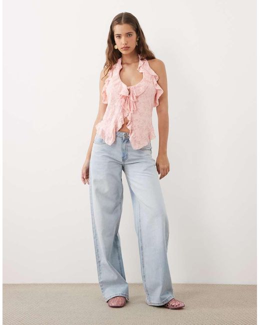 Miss Selfridge Blue Tie Front Halterneck Top