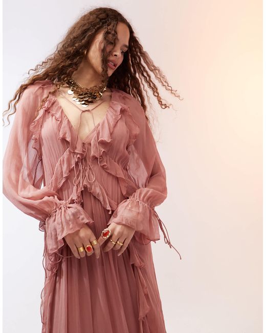 mango ruffle flowy dress V Neck Layer Maxi in Pink Style_Maxi