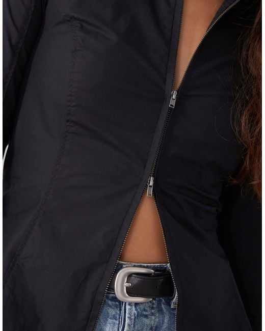 Weekday Blue Zip Through Shirt With Flare Sleeve Detail
