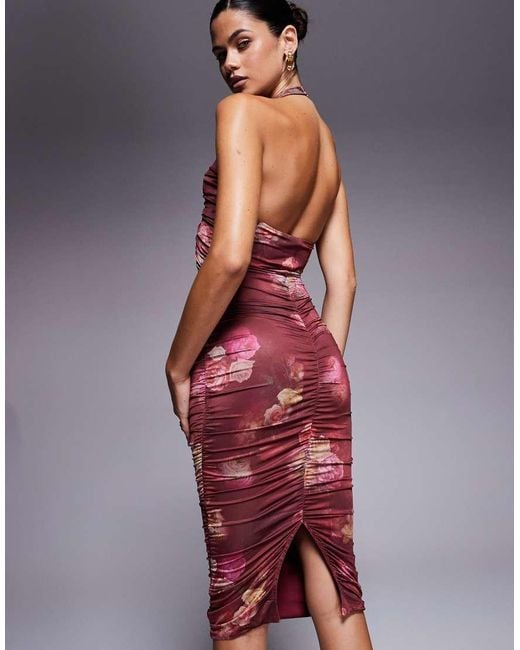 Oh Polly Red Ornella Plunge Halter Neck Midi Dress