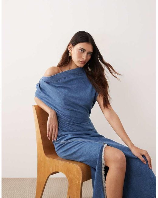 ARRANGE Blue Draped Denim Maxi Dress