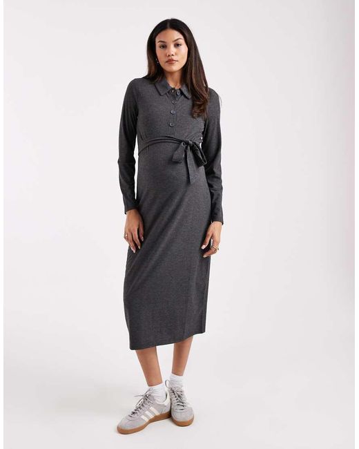 Mama.licious Blue Mamalicious Maternity Jersey Rib Nursing Friendly Polo Detail Midi Dress