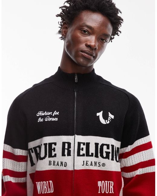 True Religion Red Zip-through Racing Raglan Knitted Jacket With Contrast Panels for men