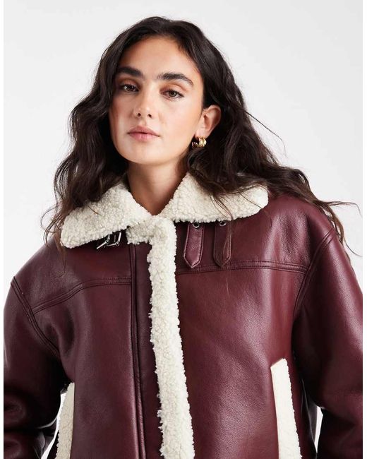 Pieces Red Leather Look And Borg Mix Short Jacket