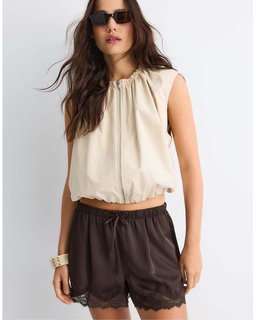 Stradivarius Brown Satin Lace Shorts