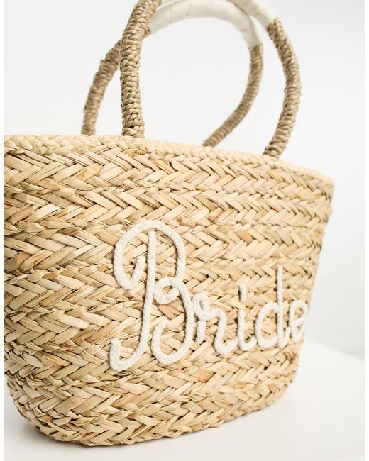 South Beach Natural Bride Embroidered Straw Bucket Bag