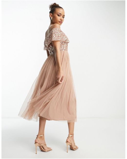 Beauut Natural Bridesmaid Bardot Embellished Midi Dress