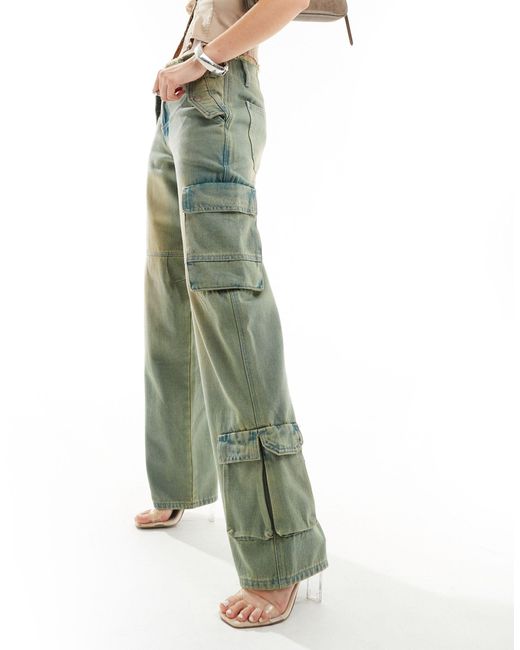 SIMMI Green Simmi Denim Wide Leg Cargo Jeans With Raw Hem