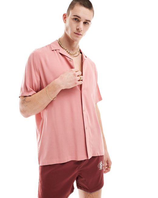 ASOS Pink Relaxed Fit Viscose Shirt With Revere Collar for men