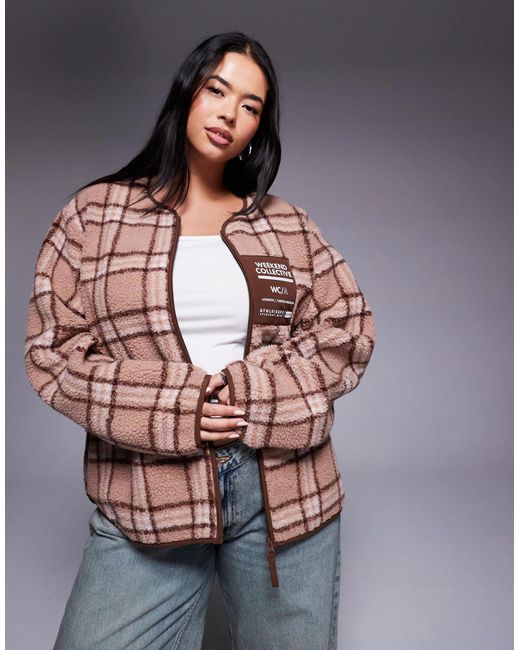 ASOS Multicolor Weekend Collective Curve Borg Zip Through Fleece With Pink Check Design