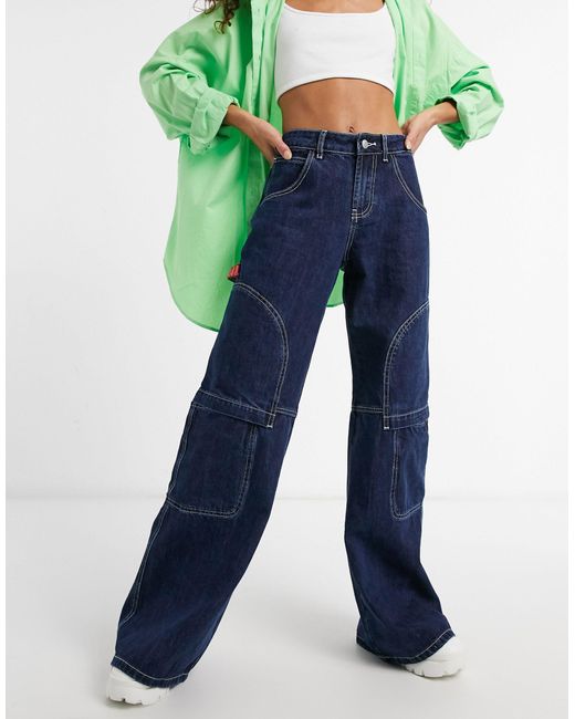 Jaded London Blue Super Oversized Skater Jeans With Stitch Detail