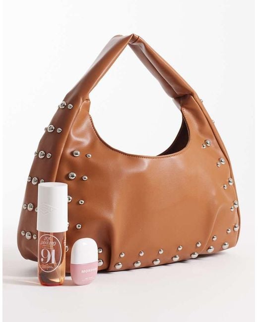 Pieces Brown Gold Studded Slouchy Shoulder Bag