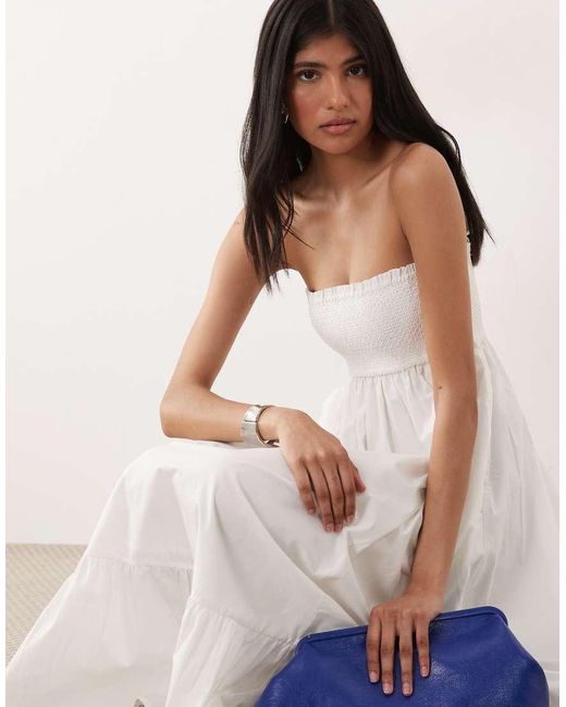 Abercrombie & Fitch Natural Smocked Tiered Midi Dress With Removeable Straps