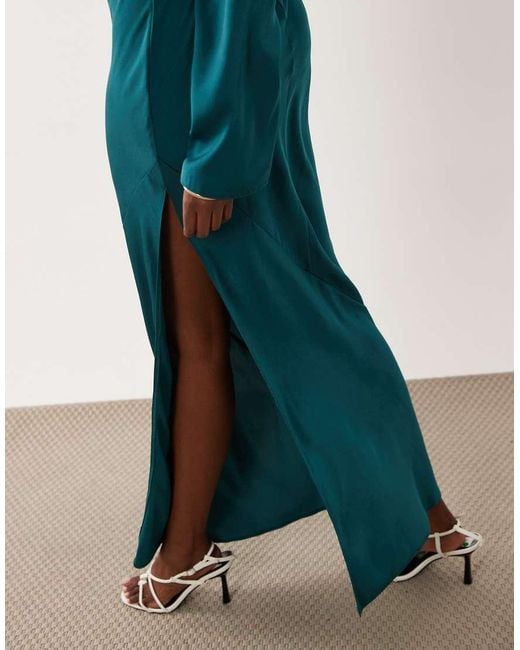 ASOS Blue Satin Maxi Dress With Fluted Sleeves