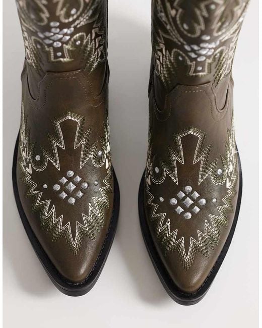 Glamorous Green Embroidered Western Knee Boots