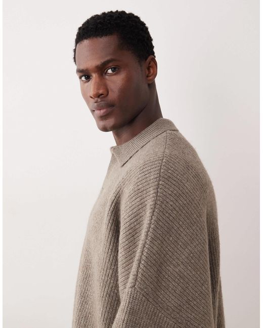 ASOS Brown Super Oversized Boxy Fit Knitted Fisherman Rib Notch Neck Jumper for men