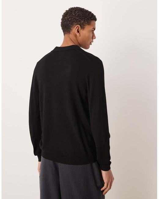 ASOS Black Knitted Long Sleeve Pure Merino Wool Notch Neck Polo for men