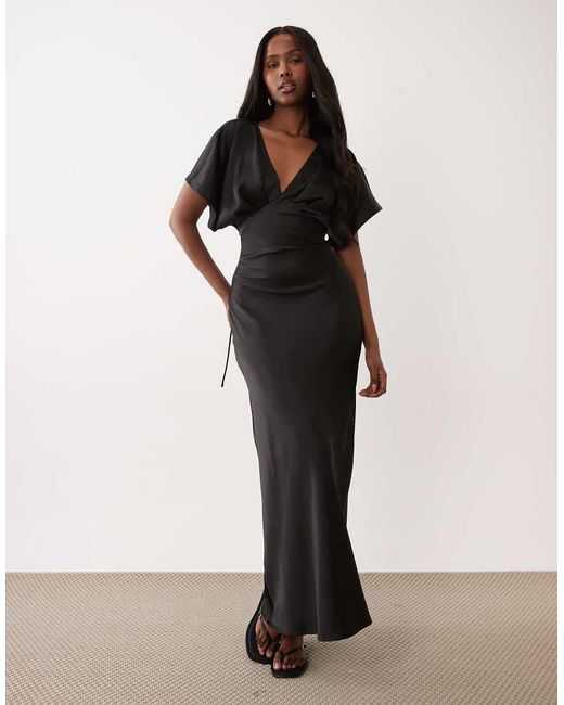 Gina Tricot White Batwing Plunge Satin Maxi Dress