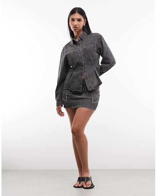 Liquor N Poker Gray Cinch Waist Denim Peplum Shirt
