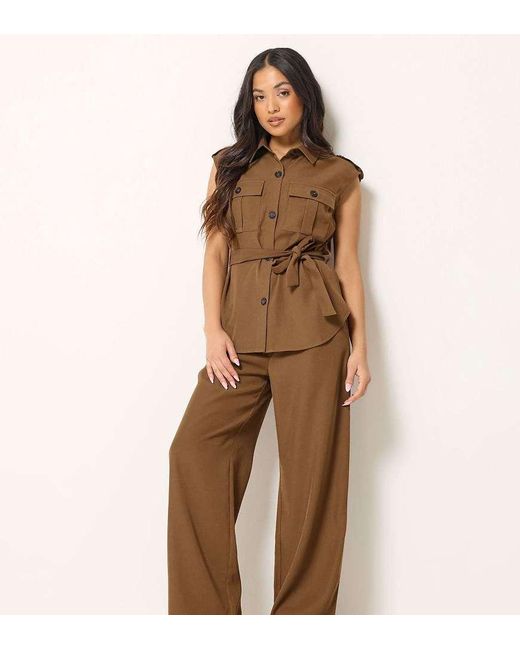 PixieGirl Brown Petite Belted Utility Shirt