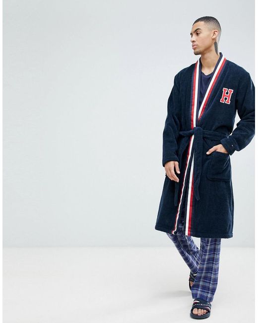 Tommy Hilfiger Dressing Gown With H Logo And Stripe Shawl Collar In Navy in  Blue for Men | Lyst Canada