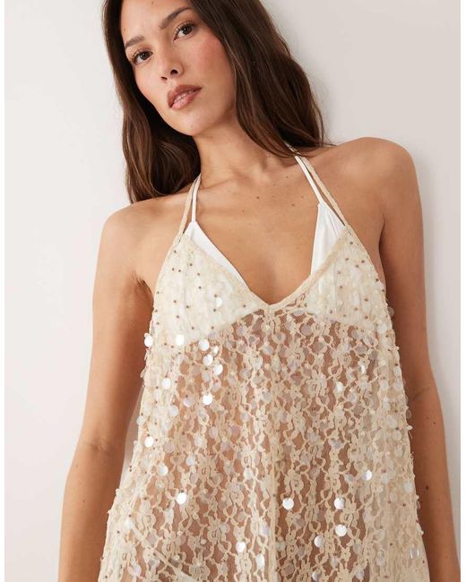Miss Selfridge Natural Beach Lace Embellished Halterneck Mini Dress