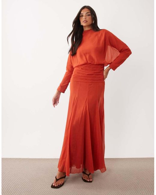 ASOS Chiffon Shirred Waist Panel Godet Maxi Dress