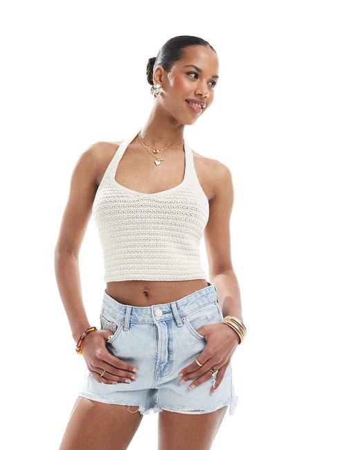 Stradivarius Gebreide Crop Top Met Halternek in het White