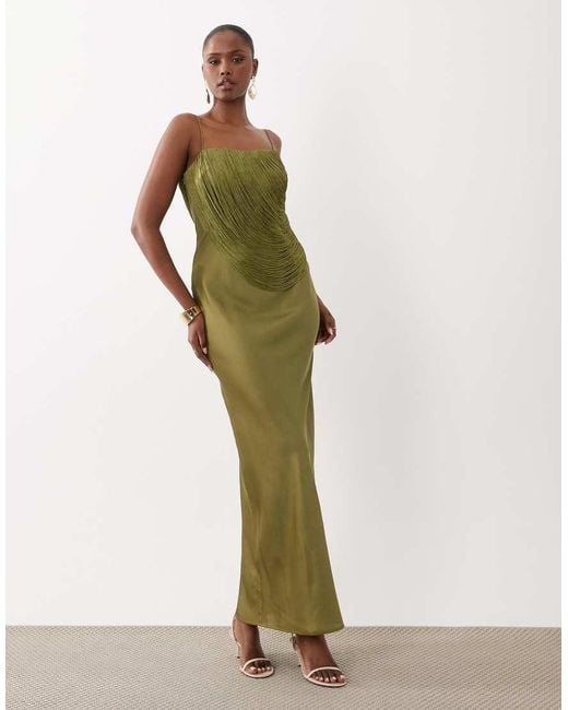 ASOS Green Drape Fringe Overlay Bandeau Maxi Dress
