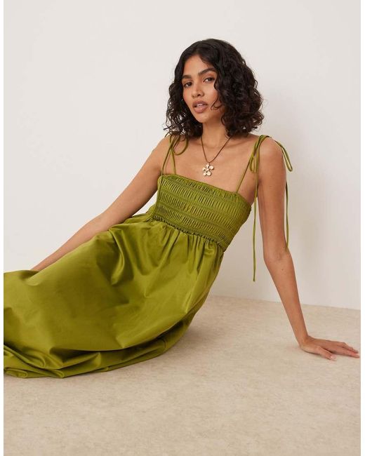 Vestido Midi A Rayas Con Pecho Fruncido De Popelina De Algodón De -Verde ASOS de color Green