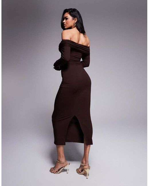 ASOS Brown Off Shoulder Twist Midi Dress With Long Sleeves