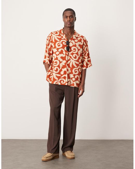 ASOS Orange Oversize Boxy Shirt With Abstract Summer Print And Half Sleeve for men