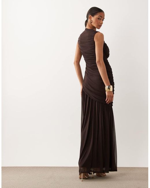 ASOS Brown Cowl Back Cutout Mesh Maxi Dress With Bead Detail