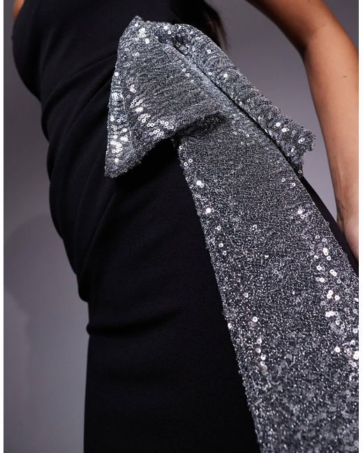 ASOS Blue Crepe Twisted Off The Shoulder Mini Dress With Silver Sequined Bow Side Detail