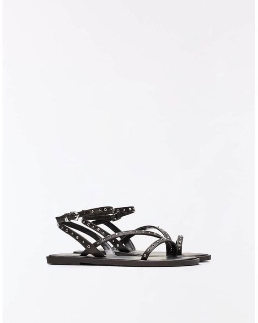 Bershka Brown Multi-strap Studded Flat Slider Sandals