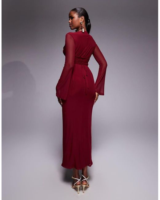 ASOS Red Mesh Angel Sleeve Lace Up Back Long Sleeve Maxi Dress
