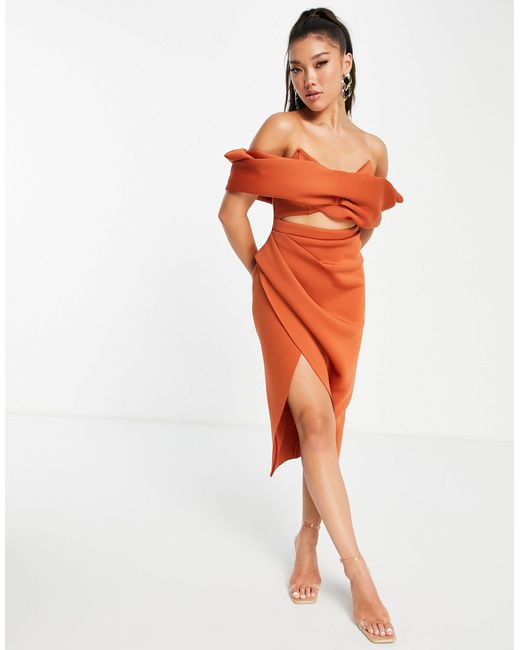 ASOS 2 Piece Off Shoulder Pencil Wrap Tuck Midi Dress in Brown | Lyst