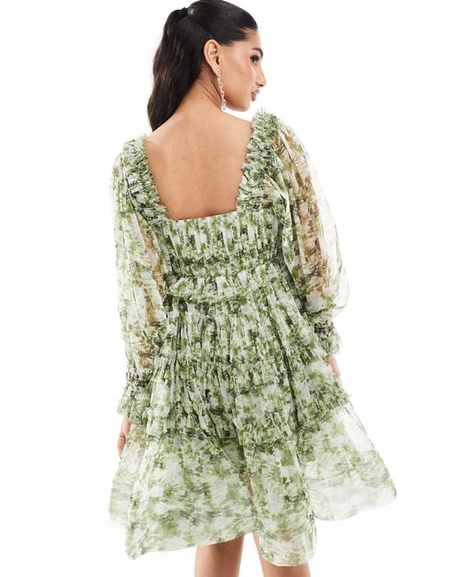 LACE & BEADS Green Sheer Sleeve Ruffle Mini Dress
